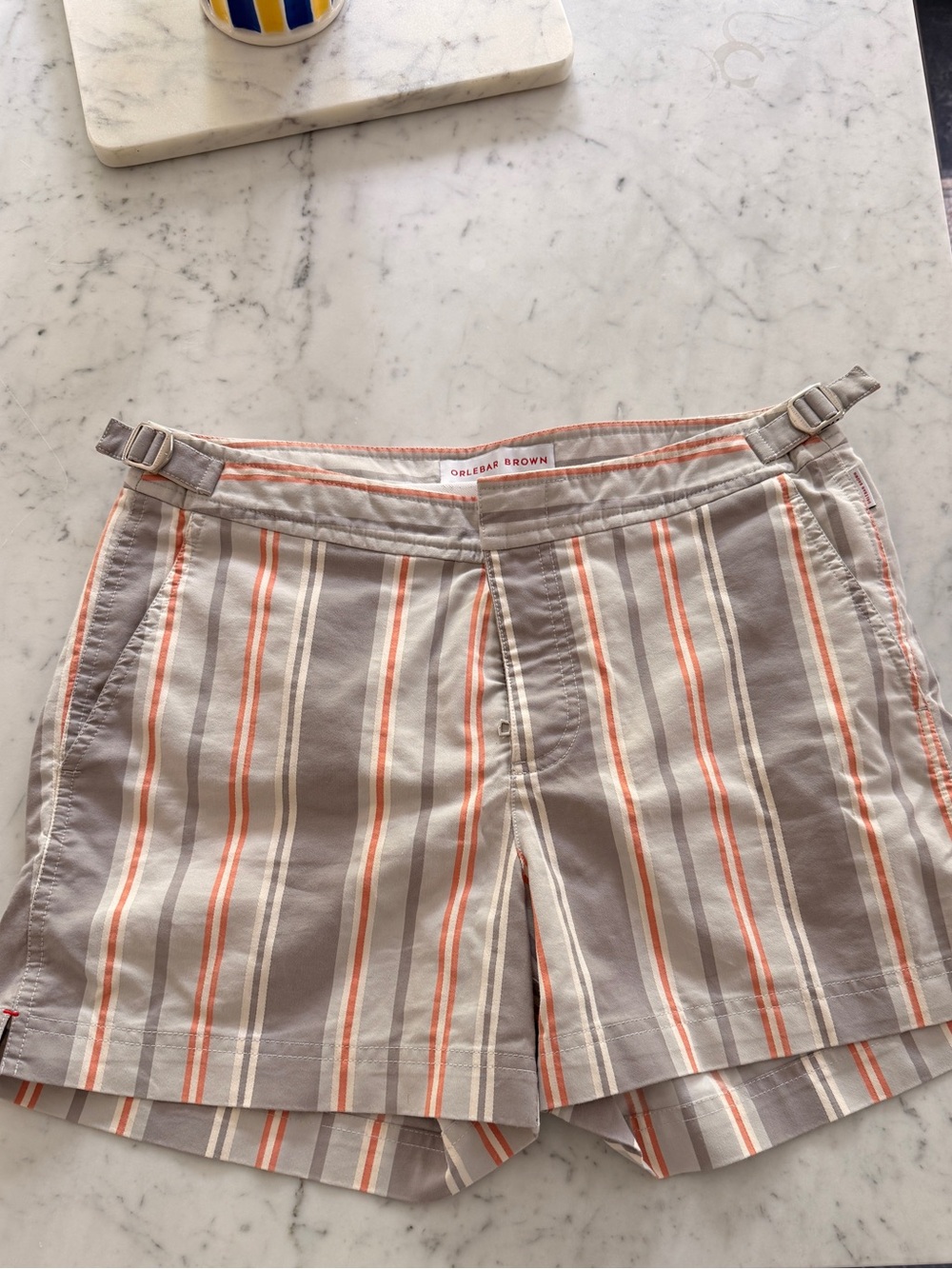 Orlebar Brown Striped Cotton Shorts in Taupe, Coral & Cream